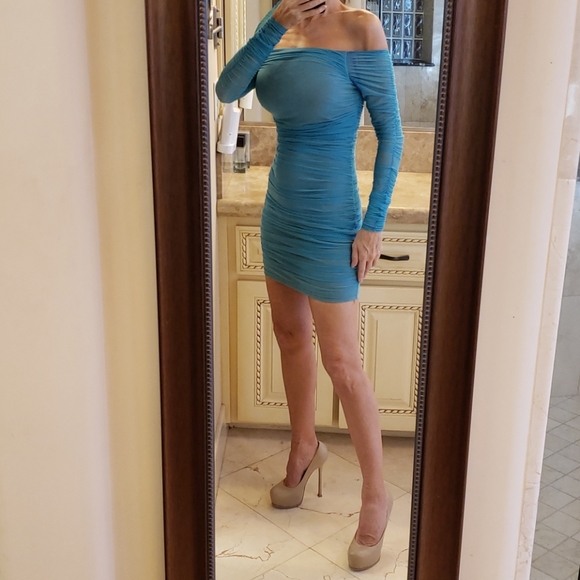 BEBE turquoise ruched off-shoulder dress, XS - Picture 10 of 16